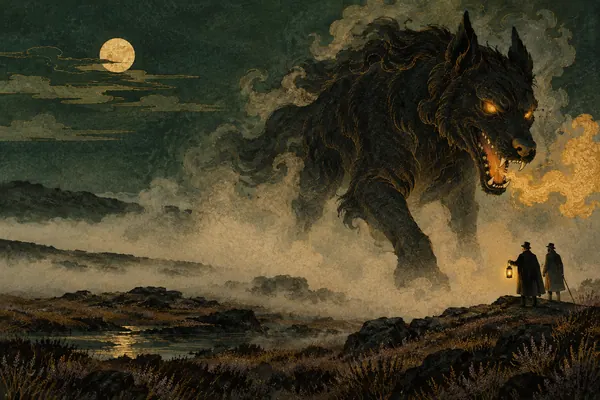Andhere moor mein chamakta hua bhootia kutta, The Hound of the Baskervilles ka ek rahasyamayi drishya.