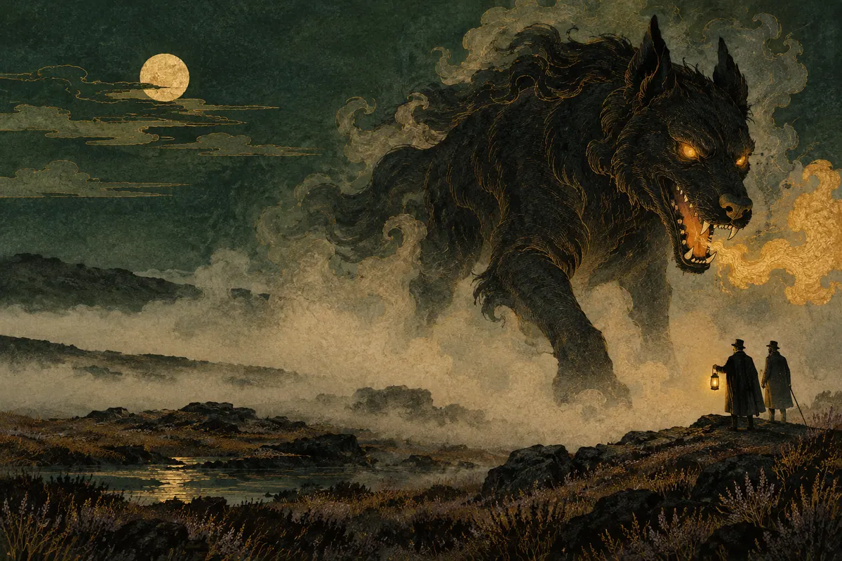 Andhere moor mein chamakta hua bhootia kutta, The Hound of the Baskervilles ka ek rahasyamayi drishya.