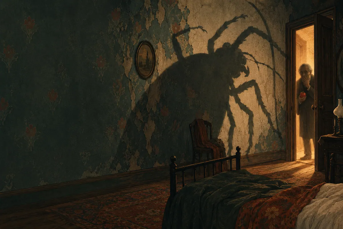 Gregor Samsa apne kamre mein akele, bahar se roshni aur saya. Kafka ki Metamorphosis story.